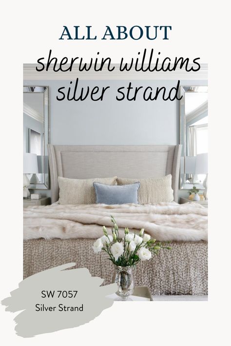 Learn all about popular cool gray paint color Sherwin Williams Silver Strand or SW 7057 - is it right for you? Silver Strand Sherwin Williams, Silver Strand Paint, Sherwin Williams Silver, Gray Paint Colors Sherwin Williams, Silver Grey Paint, Sherwin Williams Silver Strand, Light Blue Grey Paint, Grey Bedroom Paint, Sherwin Williams Blue