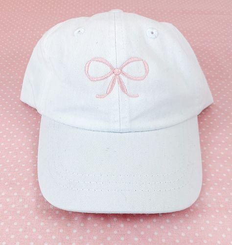 Excited to share this item from my #etsy shop: White Ball Hat with Pink Embroidered Bow Blue Hats, Monogram Jacket, Bow Embroidery, Pink Hats, Embroidered Bow, Hat With Bow, Childrens Hats, Preppy Girl, Sew Easy