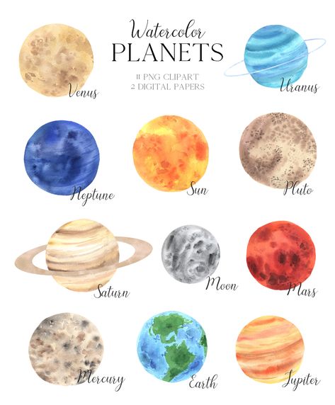 Planets Aesthetic Drawing, Watercolor Solar System, Planet Watercolor Painting, Planets Drawing, Planets Watercolor, Solar System Painting, Watercolor Planets Solar System, Planet Clipart, Planet Watercolor