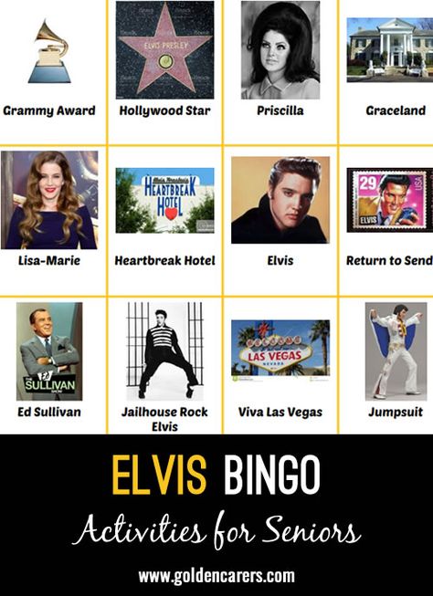 Elvis Bingo: Elvis Bingo Activity Director, Jailhouse Rock, Heartbreak Hotel, Trivia Quizzes, Bingo Games, Hollywood Star, Social Services, Free Activities, Music Therapy