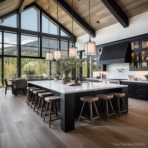 modern-farmhouse-with-black-kitchen-cabinet-2 Dapur Rustic, White Modern Farmhouse, Model Dapur, Interior Dapur, Kabinet Dapur, Black Kitchen Cabinets, Kitchen Farmhouse, Kitchen Inspiration Design, Open Concept Kitchen