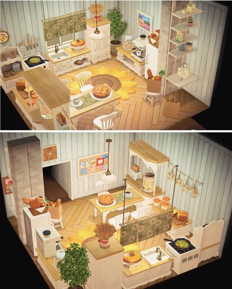 Acnh Main Room Kitchen, Acne Kitchen Ideas, Mid Century Modern Animal Crossing, Acne Kitchen, Acnh Villagers Homes Interior, Animal Crossing Kitchen Ideas, Hhp Acnh Ideas, Animal Crossing House Interior Ideas, Kitchen Animal Crossing