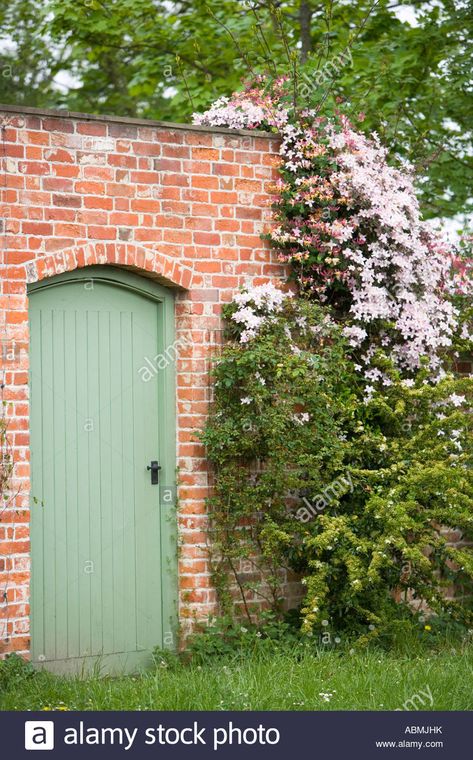 A Pink Clematis Montana Growing Over A Red Brick Wall By A Green Gate Stock Photo, Royalty Free Image: 12926574 - Alamy Brick Wall Exterior, Wall Designs Ideas, Brick House Exterior Makeover, Brick Wall Gardens, Pink Clematis, Brick Archway, Timber Gates, Clematis Montana, House Green