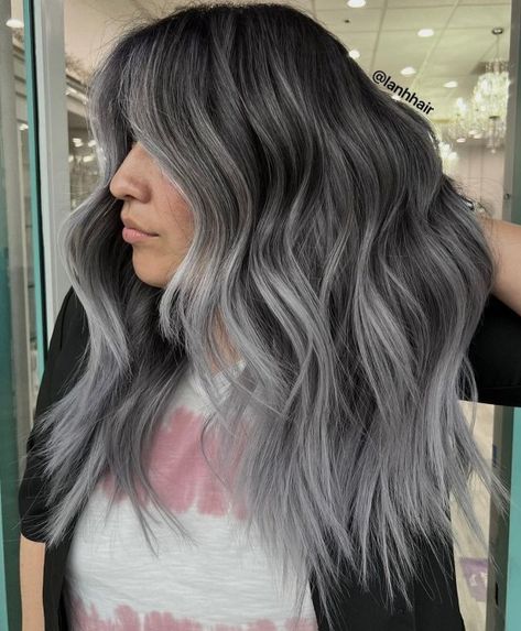 Transitioning to Gray Charcoal Balayage Grey Ashy Balayage, Dark Gray Hair With Silver Highlights, Grey Hair Balayage Dark Roots, Slate Gray Hair, Charcoal Hair Balayage, Smokey Hair Color Gray, Dark Gray Balayage, Black To Silver Balayage, Ash Gray Balayage On Dark Hair