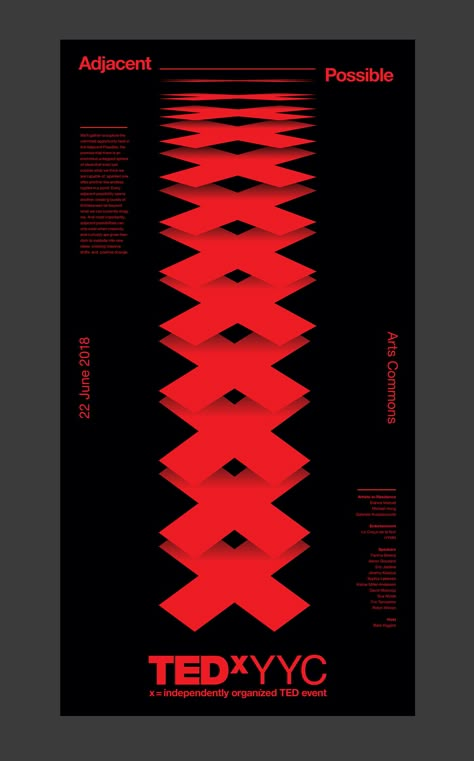 Repetition: Piece uses repetition to guide the viewer's eye to follow the shapes that run down the center of the composition. Also uses repetition of color and typeface to strengthen the relationship between all of the elements that make up the composition of the piece. Graphic Design Repetition, Repetition Graphic Design, Black And Red Graphic Design, High Contrast Design, Red Black Poster, Red Black Branding, Red And Black Branding, Tedx Poster, Tedx Design