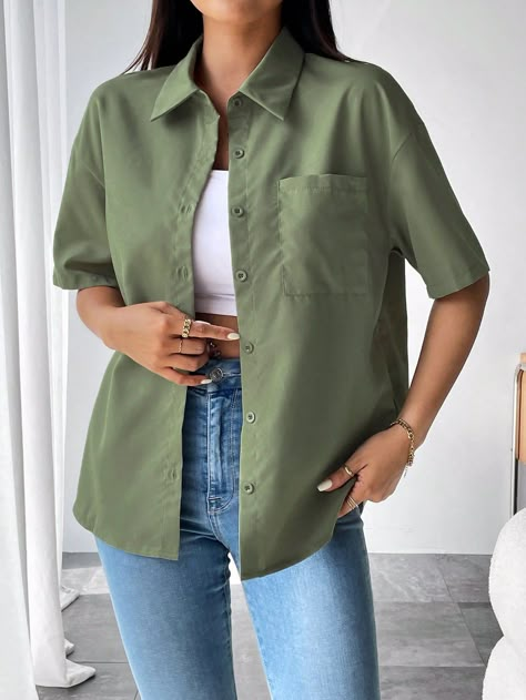 Army Green Casual Collar Half Sleeve Fabric Plain Shirt Embellished Non-Stretch  Women Clothing Olive Green Button Down Shirt Outfit, Green Chemise Outfit, Styling Green Shirt, Olive Green Button Up Shirt Outfit, Green Button Up, Green Button Down Shirt Outfit, Green Shirt Outfits Women, Casual Outfits Green, Khaki Outfits For Women