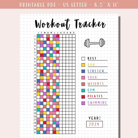 Workout Tracker Printable / Bullet Journal Fi Exercise Tracker Template, Bullet Journal Fitness Ideas, Bullet Journal Tracking Ideas, Exercise Log Bullet Journal, Workout Routine Journal, Exercise Bullet Journal, Bullet Journal Weight Tracker, Daily Planner Bullet Journal Layout, Exercise Tracker Bullet Journal