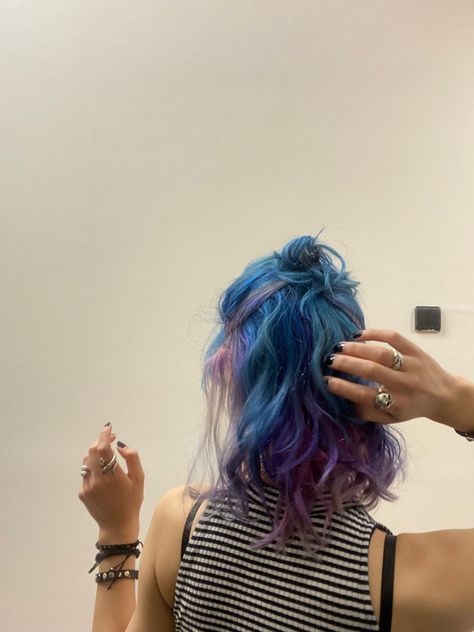 Blue With Purple Hair, Pink And Blue Hair Highlights, Multi Color Hair Dye Ideas, Blue To Purple Ombre Hair, Blue To Purple Hair, Pink And Blue Hair Ideas, Pink Purple Hair Color, Pink Blue Purple Hair, Pink Purple And Blue Hair