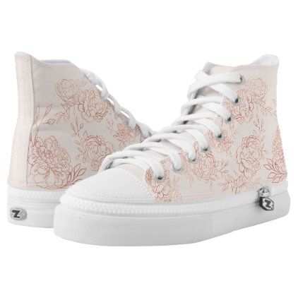 Pink and Rose Gold Elegant Sketched Floral High-Top Sneakers Quince Shoes, Rose Gold Quince, Quinceanera Shoes, Rose Gold Quinceanera, Quince Themes, Quinceanera Pink, Mexican Quinceanera Dresses, Pink Quince, Rose Gold Gifts