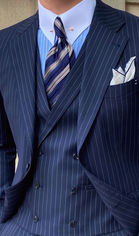 Navy Blue Pinstripe Suit, Blue Pinstripe Suit, Stylish Mens Suits, Men's Business Outfits, Blue Suits, Blue Suit Men, Classy Suits, Classy Outfits Men, Italian Suit