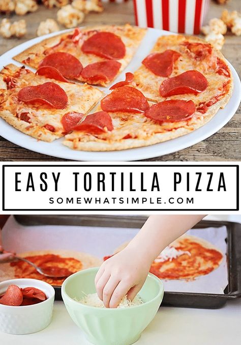 Easy Tortilla Pizza Recipe (15 Mins) Somewhat Simple: Tortilla pizzas are an easy way to enjoy your favorite recipe. Made with flour tortillas & your favorite toppings, they're ready in minutes. #baking #cheese #pork #pizza Recipes Using Tortillas, Flour Tortilla Pizza, Easy Pizza Recipes, Recipe Tortilla, Tortilla Pizzas, Pork Pizza, Recipes With Flour Tortillas, Breakfast Pizza Recipe, Homemade Flour Tortillas