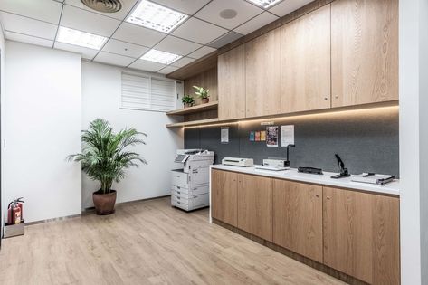 Printing Area Office Design, Printing Area Office, Small Kitchen For Office, Office Pantry Design Modern, Office Pantry Design, Printing Station, Office Cabinet Design, Open Concept Office, Small Office Design Interior