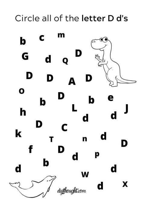 Circle all of the letter D's. Letter D printable worksheet. Letter D Printable, Alphabet Activities For Preschool, Preschool Alphabet Letters, Free Printable Activity Sheets, Preschool Alphabet Printables, Letter D Worksheet, Maths Activity, Thema Dino, Letters Worksheets