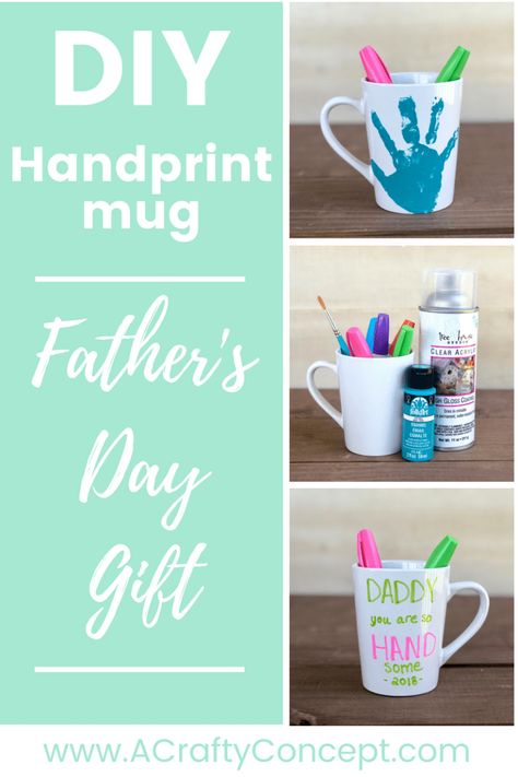 How To Make The Cutest Father's Day Gift Ever- DIY Handprint Mug - Handprint Mug, Handprint Gifts, Father's Day Activities, Mug Crafts, Diy Mugs, Diy Father's Day Gifts, Diy Gifts For Kids, Cup Crafts, Fathers Day Mugs