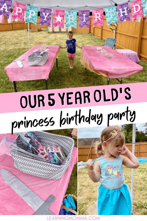 Our princess birthday party ideas for activities, decorations, food, and more! Read about our daughter's 5th birthday party with a princess theme. I'm sharing all about what supplies we purchased on a budget, food that we offered guests, crafts and other activities that we did, as well as how I made princess skirts for each guest at the party so they could all dress-up like princesses! Easy Princess Birthday Party, 4 Year Birthday Party Ideas Princess, Princess Dress Up Party Ideas, Disney Princess Birthday Activities, Diy Princess Party Ideas, Backyard Princess Party, Disney Princess Party Activities, Disney Princess Birthday Party Games, Princess Party Ideas Games