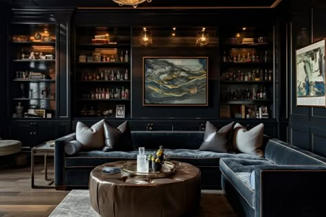 Dark And Moody Home Bar, Dark And Moody Basement Bar, Moody Home Bar Lounge, Dark Moody Man Cave, Moody Wine Room, Moody Dark Basement, Speakeasy Living Room Ideas, Moody Bar Lounge, Moody Speakeasy Room