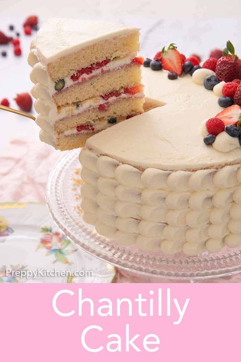 A fluffy and moist vanilla cake with layers of berry filling paired with luscious Chantilly cream, this Chantilly Cake will melt in your mouth. Fresh and light, this flavorful cake is perfect for all occasions. Vanilla Cake With Berry Filling, Best Chantilly Cake Recipe, Vanilla Cake With Fruit Filling, Chantelle Cake Recipe, Raspberry Chantilly Cake, White Cake Birthday Cakes, Chantilly Lace Cake, Chantilly Cake Decoration, Chantelle Cake