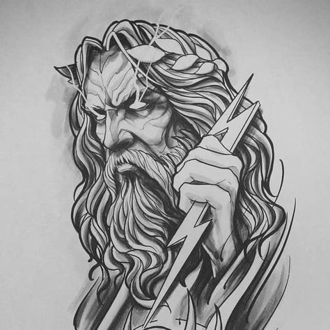 Zeus Black And White, Zeus Hades, Greek Drawing, Hades Tattoo, Greek God Tattoo, Poseidon Tattoo, Chicano Tattoos Sleeve, Zeus Tattoo, Armband Tattoos