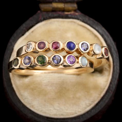 Now available in white, rose, or yellow gold! Intimate, colorful, and encoded acrostic jewelry first appeared in the early 1800's. Each letter of the alphabet was made to correspond with a different precious gemstone, and the so-called "secret language of gems" was born. For example, a Victorian favorite combo, "DEAREST", would be "spelled" this way: Diamond, Emerald, Amethyst, Ruby, Emerald, Sapphire, Turquoise. Get it? Our acrostic ring is a completely personal way to celebrate an important Secret Language, Punk Vintage, Ruby Emerald, Victorian Rings, Secret Messages, The Alphabet, Yellow Sapphire, Precious Gemstones, White Rose