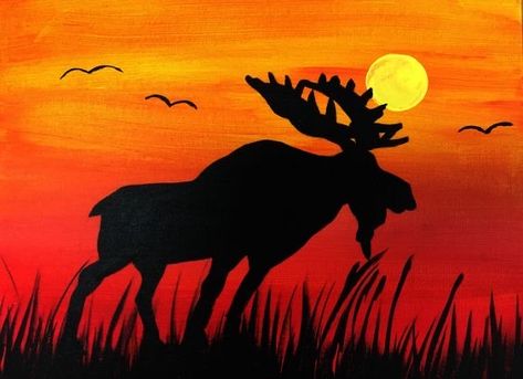 Moose Canvas Painting Easy, Sun Set Painting, Canvas Painting Easy, Womens Painting, Moose Painting, Set Painting, Burgundy Lipstick, Painting Easy, Meaningful Art