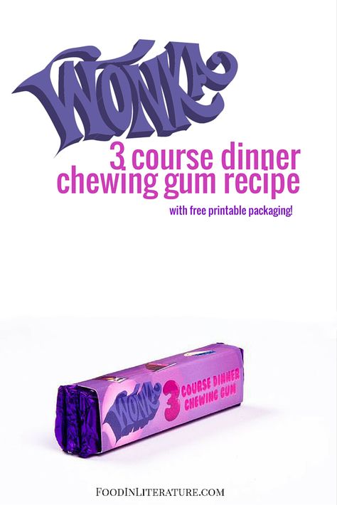 Remember how Violet turned into a blueberry after chewing on gum tasting of warm tomato soup, roast beef, and then blueberry pie? Well, we've made the gum (without the whole blueberry turning bit!) This is THE ultimate, most perfect Wonka party favor! We've even included free printable packaging to make it easy! Willy Wonka Party Food, Birthday Party Food For Adults, Gum Recipe, Fictional Food, Printable Packaging, Party Food For Adults, Chocolate Factory Party, Wonka Party, Willy Wonka Party