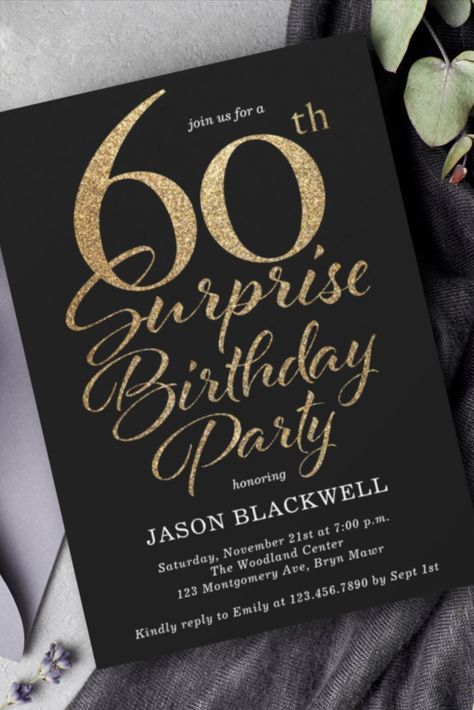 Surprise 60th Birthday Party Black & Gold Invitation Surprise 60th birthday party invitation #birthday #happybirthday #birthdaycards #60thbirthday #sixtybirthday #turningsixty # Birthday Ideas For Mom, Surprise 60th Birthday Party, Black Gold Invitation, 60th Birthday Ideas, 60th Birthday Ideas For Mom, Surprise 60th, 60th Birthday Party Invitations, Sixtieth Birthday, 60th Birthday Invitations