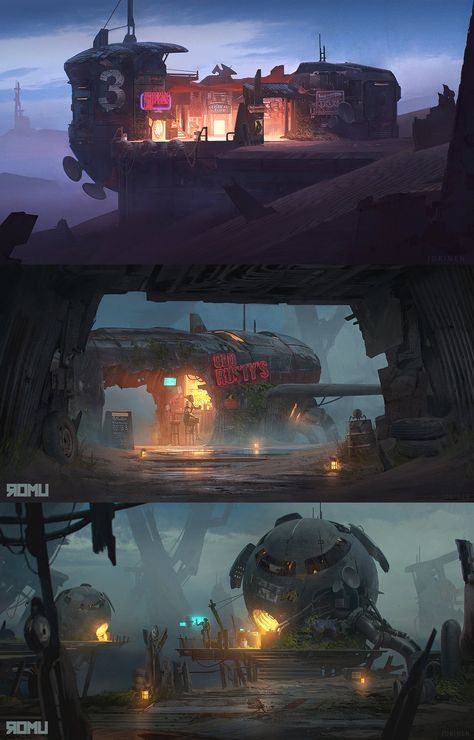 Apocalyptic environment by Juhani Jokinen Post Apocalyptic Environment Concept Art, Sci Fi Junkyard, Desertpunk Aesthetic, Caravan Concept Art, Wasteland Concept Art, Apocalyptic Concept Art, Sci Fi Post Apocalyptic, Post Apocalyptic Environment, Futuristic Post Apocalyptic