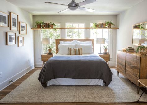 How To Place Your Bed In Front Of A Window • One Brick At A Time Bed Frames In Front Of Window, Bay Window Behind Bed, Bed Against Bay Window, Headboard Window Behind Bed, Bedroom Wall Shelf Ideas Above Bed, Bed In Front Of Large Window, Bed In Front Of Door, Bed In Front Of Bay Window, Bed In Front Of Window Ideas Small Rooms