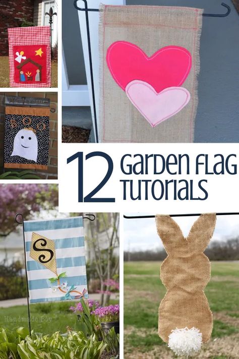 12 Garden Flag Tutorials – Sewing With Scraps Yard Flags Diy, Garden Flag Diy, Sewing With Scraps, Garden Flags Ideas, Flag Diy, Easter Flags, Flag Crafts, Crochet Garden, Burlap Garden Flags