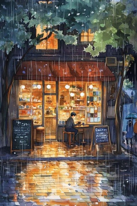 Charming Café in the Rain Canvas Print Inspired by Edward Hopper's Urban Night Scenes Art for Wall Decor by CustomCanvasCurators 🖼️ Bring a touch of urban elegance into your space with this stunning canvas print inspired by the atmospheric works of Edward Hopper. The vibrant colors and serene café scene capture the beauty of urban solitude, creating a perfect escape from the everyday hustle. It's not just art - it's a conversation starter and a statement piece that will mesmerize any art lo... Scenes And Spaces, Rainy Coffee Shop Aesthetic, Rainy Pictures, Rainy Art, Drawing Cafe, Rain Paintings, Cozy Romance, Calendar Design Ideas, Painting Cafe