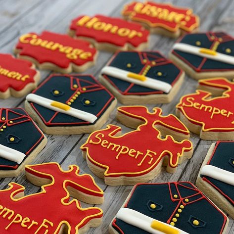 Marine Corp Cookies Decorated, Marine Corps Cookies Decorated, Marines Farewell Party Ideas, Usmc Birthday Cake, Marine Corps Cookies, Usmc Retirement Cake, Marine Retirement Party, Usmc Cookies, Veterans Day Cookies