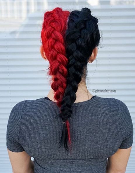 Half Red Half Black Hair Bright Red Hair Color, Half And Half Hair, Split Dyed Hair, Bright Red Hair, Split Hair, Long Red Hair, Hair Dye Colors, Red Hair Color, Hair Inspo Color