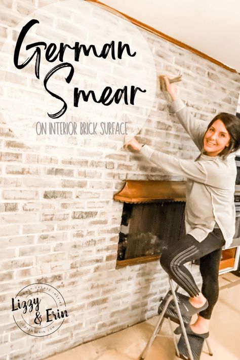 German Smear Technique – Lizzy & Erin German Smear Technique, German Smear Brick, Lime Wash Brick, White Wash Brick Fireplace, Brick Fireplace Wall, German Smear, White Wall Paint, Interior Brick, Brick Interior Wall