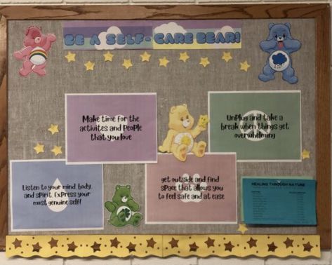 Care Bear Mental Stress tips RA bulliten board Self Care Bear Bulletin Board, Carebear Classroom Theme, Care Bears Bulletin Board, Care Bear Bulletin Board, Self Care Ra Bulletin Board, Care Bear Door Decs, Ra Consent Bulletin Boards, Time Management Ra Bulletin Board, College Event Ideas