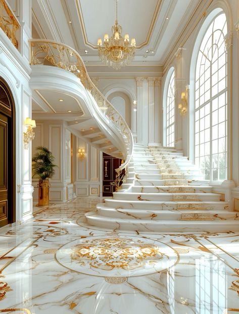 Modern Castle Interior, Art Deco Style Interior, Modern Classic Living Room, Luxury Staircase, Foyer Ideas, Castles Interior, Luxury House Interior Design, Grand Foyer, Luxury Homes Dream Houses