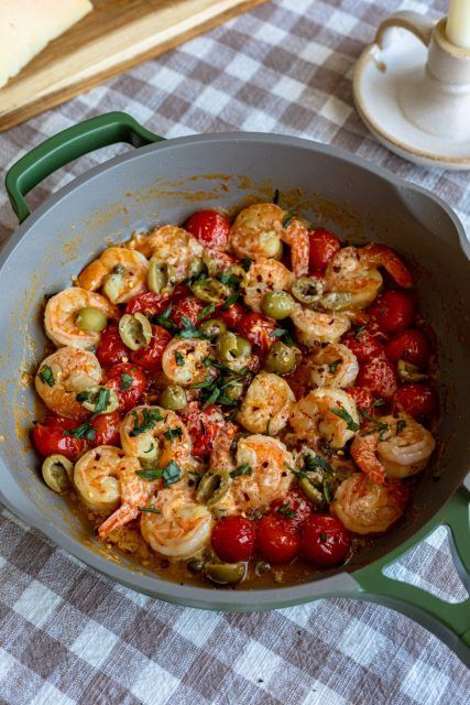 Mediterranean Shrimp, One Skillet, Cous Cous, Shrimp Dishes, Mediterranean Cuisine, Fish Dishes, Meat Dishes, Mediterranean Recipes, Fish And Seafood