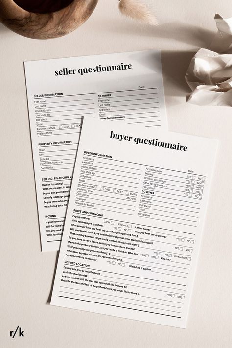 Real estate home buyer and seller questionnaire packet is a perfect marketing tool to make an impeccable first impression. Real estate bundle of 2 client consultation forms is a great choice to save your money. Done-for-you client forms are pleasantly designed as the first steps of home buying or selling process and will save you so much time onboarding new clients. Real Estate Printables, Client Consultation, Real Estate Checklist, Canva Real Estate, Client Questionnaire, Real Estate Forms, Marketing Studio, Marketing Activities, Intake Form