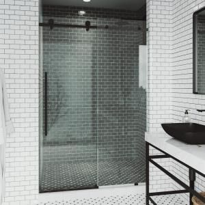 VIGO Elan 52 to 56 in. x 74 in. Frameless Sliding Shower Door in Matte Black with Clear Glass and Handle-VG6041MBCL5674 - The Home Depot Small Bathroom Door, Frameless Sliding Doors, Frameless Sliding Shower Doors, Bathroom Layouts, Frameless Shower Door, Bathtub Doors, Support Wall, Tub Doors, Frameless Shower Doors