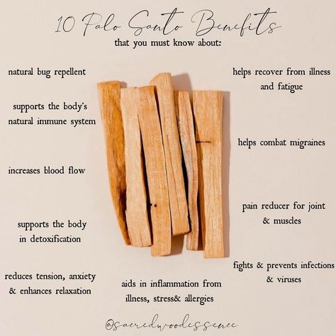 Sacred Wood Essence on Instagram: “TEN benefits of sacred Palo Santo you must know about ✨ So many reasons why you should include Palo Santo in your daily routine 🙌🏽…” Benefits Of Palo Santo, Palo Santo Magical Properties, Paolo Santo Smudge, Polo Santo Wood, Diy Palo Santo Oil, Pablo Santo Wood Use, When To Burn Palo Santo, How To Use Palo Santo Sticks, How To Burn Palo Santo Wood