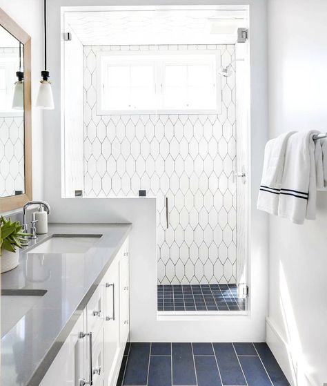 Bathroom - repinned by www.youngandmerri.com Drømme Bad, Makeover Kamar Mandi, Blue And White Tile, 아파트 인테리어, Trendy Bathroom, Boys Bathroom, Tile Floors, Bathroom Redo, Tile Flooring