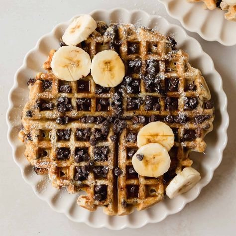 Chocolate chip waffles are hot, crispy and fluffy waffles packed with gooey chocolate chips. They're easy to make and are perfect for a special breakfast. Chocolate Chip Waffles, Banana Waffles, Special Breakfast, Fluffy Waffles, Homemade Waffles, Banana Chocolate, Banana Chocolate Chip, Banana Flavored, Food Cake