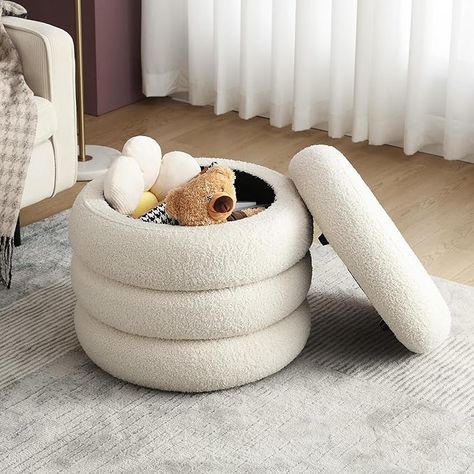 Round Boucle Ottoman with Storage for Dorm, Upholstered Storage Ottoman with Soft Padded Seat, Large Circle Ottoman with Removable Lid, Dorm Decor for College, Living Room, Bedroom, Off White Tufted Footstool, Boucle Storage, Sherpa Ottoman, Ottoman Round, Pouf Footstool, Pink Vanity, Small Ottoman, Round Storage Ottoman, Ottoman Pouf