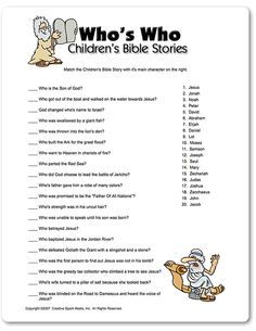 Printable Who's Who - Children's Bible Stories Bible Questions For Kids, Bible Quiz Games, Sunday School Worksheets, Bible Trivia, Sunday School Games, Questions For Kids, Church Games, Bible Worksheets, Bible Quiz