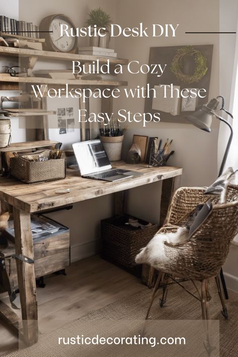 rustic desk with brown reclaimed wood Diy Rustic Desk Home Office, Rustic Desk Ideas, Rustic Farmhouse Office, Rustic Workspace, Homemade Desk, Cozy Office Space, Distressed Wood Furniture, Cozy Workspace, Diy Steps