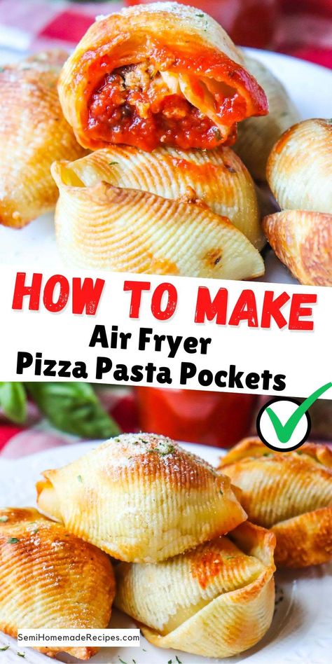 Air Fryer Pizza Pasta Pockets - Crispy Shells stuffed with ground beef or ground turkey, pizza sauce and fresh mozzarella pearls! Top these Pizza pockets with parmesan cheese and parsley before dunking them into pizza sauce for a great appetizer, dinner or snack! Ground Turkey Pizza, Jumbo Shell Recipes, Turkey Pizza, Appetizer Dinner, Pockets Recipe, Air Fryer Pizza, Shells Stuffed, Fried Pasta, Mozzarella Pearls