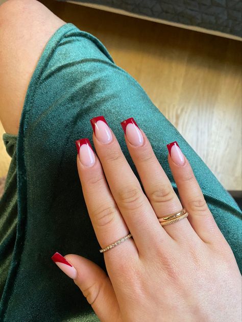 Christmas Nail Red French Tip, Square Nail Red French Tip, Red French Tip Nails Coffin Christmas, Square Acrylic Nails Red French Tips, Deep Red French Tip Nails Coffin, Ted French Tips Nails, Short Dark Red French Tip Nails, Deep Red Nails French Tip, Red French Tip Nails Coffin Medium