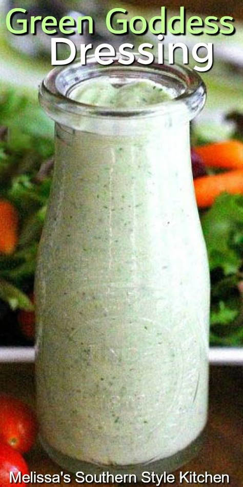 This Green Goddess Dressing will add fresh flavor to any of your favorite salads #greengoddessdressing #greengoddess #saladdressing #salads #dips #condiments #greensalad #dinnerideas #dinnerecipes #southernfood #southernrecipes Goddess Salad Dressing, Goddess Dressing Recipe, Melissas Southern Style Kitchen, Green Goddess Salad Dressing, Green Goddess Salad, Goddess Salad, Homemade Salad Dressings, Gourmet Salad, Goddess Dressing