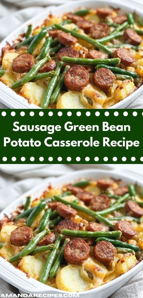 Need a delicious way to use pantry staples? Discover this flavorful Sausage Green Bean Potato Casserole Recipe, perfect for busy nights. It's a family-friendly option that ensures everyone leaves the table happy. Sausage Green Bean Potato Casserole, Green Bean Potato Casserole, Sausage And Green Beans, Yummy Casserole Recipes, Green Beans And Potatoes, Hearty Casseroles, Sausage Casserole, Potatoe Casserole Recipes, Ground Beef Casserole