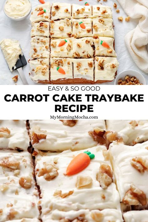 Here's how to make an easy carrot cake traybake perfect for Easter. This recipe is super quick, and the texture is light and moist. Cake Traybake, Carrot Cake Traybake, Moist Carrot Cakes, Easy Carrot Cake, Loaf Cakes, Tray Bake Recipes, Tray Bake, Best Carrot Cake, Cake Tray