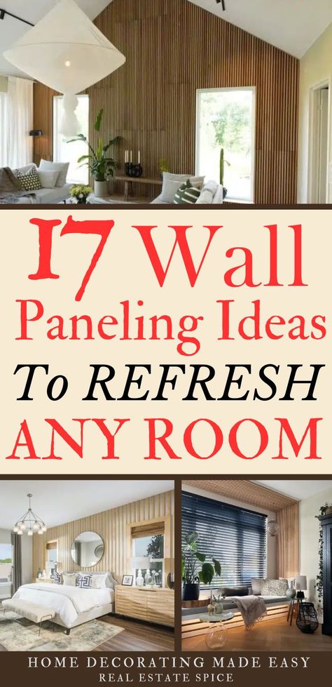 17 Wall Paneling Ideas To Dress Up Boring Walls Living Room Wood Panelling Ideas, Upgrading Panel Walls, Houses With Paneling, Wall Paneling Ideas With Windows, Wood Panelling Walls Dining Room, Repainting Paneling Walls, Wood Panel With Mirror, Basement Wall Paneling Ideas, Waistcoating Walls